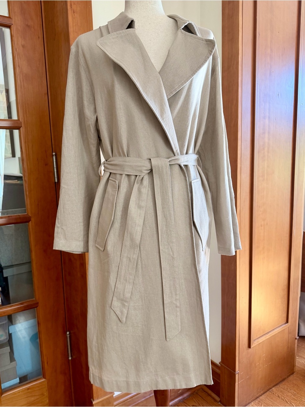 Tahari Beige Linen Blend Trench Coat with Belt
